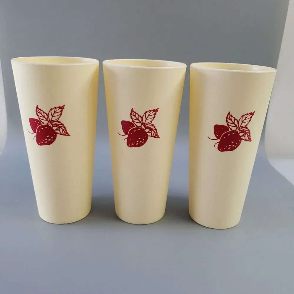 Vintage Strawberry Cups Plastic Tumblers Red Cream Set of 6 Retro Kitchen